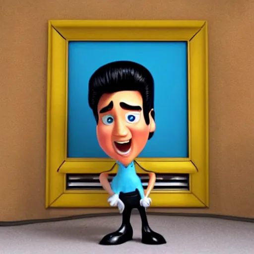 Image similar to elvis presley with pretzel!!!! legs, pixar character, stage background, pixar, 3 d,