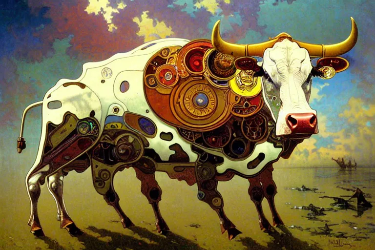 Image similar to cyborg cow, intricate, futuristic, fantasy, elegant, thomas kindkade, moebius, alphonse mucha, loish, norman rockwell,