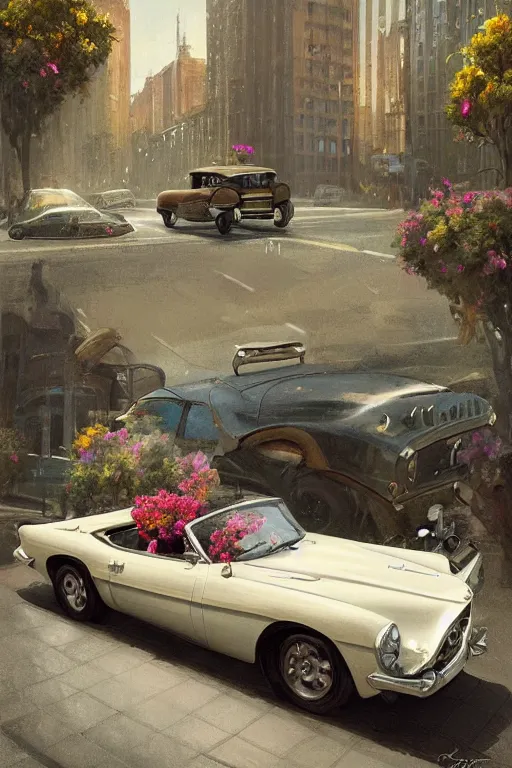 Prompt: ultra realistic illustration, old vintage car in the city with flowers blooming out the window, elegant, highly detailed, digital painting, concept art, smooth, sharp focus, illustration, art by greg rutkowski