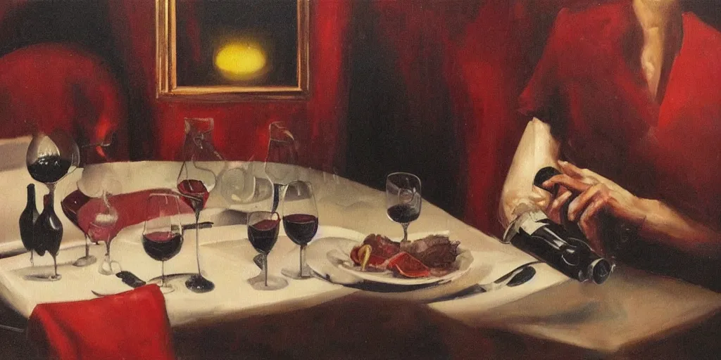 Prompt: a surrealist dream-like oil painting a five-star restaurant drinking red wine, with a steak on the table in front of him-H 704