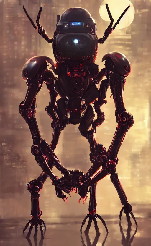 Image similar to a robot humanoid spider in a city, with 4 arms with claws, glowing red eyes, in a black carbon and red fiber armor, smiling creepily, dynamic lighting, photorealistic fantasy concept art, trending on art station, stunning visuals, creative, cinematic, ultra detailed