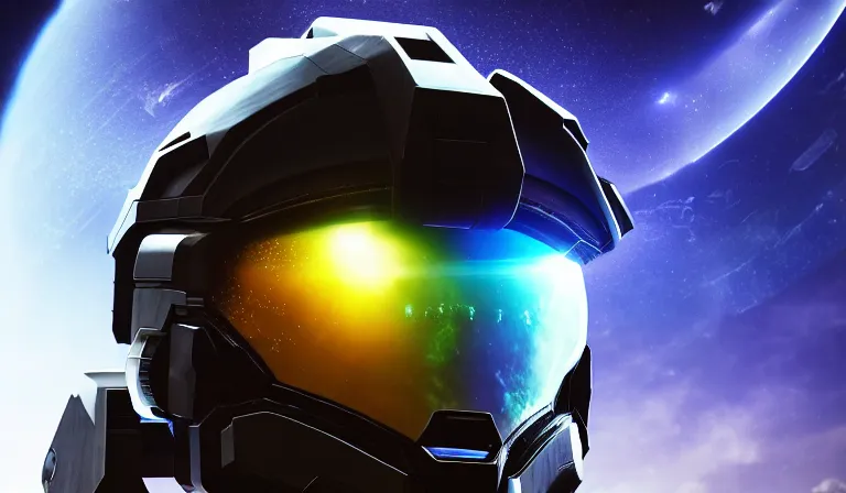 Image similar to cyberpunk halo helmet on space, planet behind, close shot, reflection, epic, dramatic, cinematic, award winning, ultra detailed, realistic, 8k,