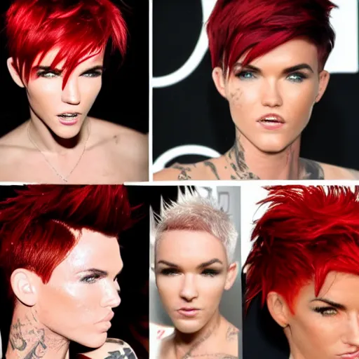 Prompt: Ruby Rose with spiky red hair and copper eyes