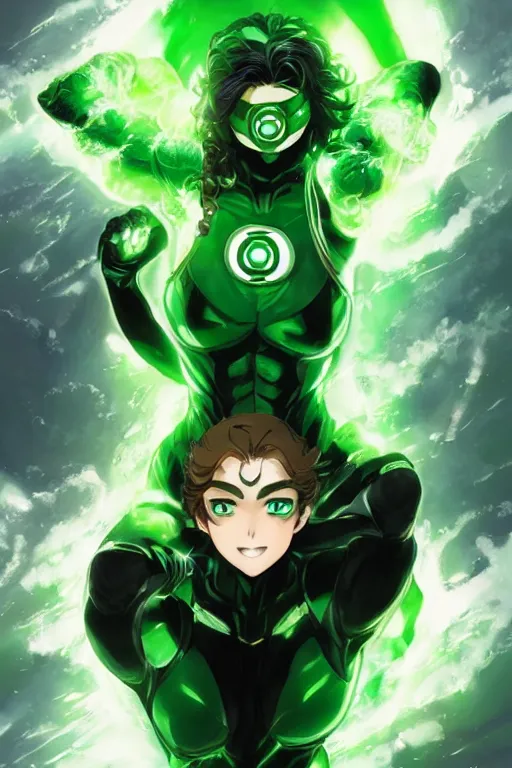 Image similar to anime key visual of a beautiful young female green lantern!! intricate, green and black suit, glowing, powers, dc comics, cinematic, stunning, highly detailed, digital painting, artstation, smooth, hard focus, illustration, art by artgerm and greg rutkowski and alphonse mucha