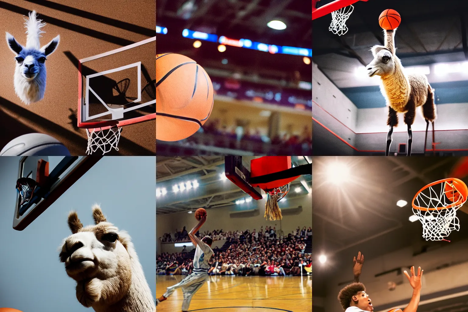 Prompt: film still of a llama in a jersey dunking a basketball, low angle, show from below, tilted frame, 3 5 °, dutch angle, extreme long shot, high detail, indoors, dramatic backlighting