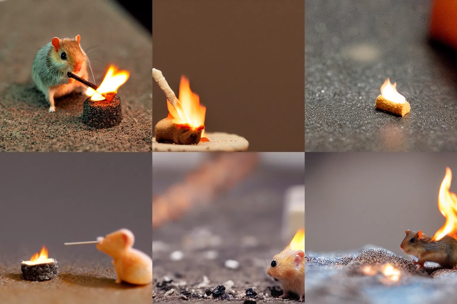 Prompt: a picture of a tiny gerbil roasting a marshmallow tilt shifted