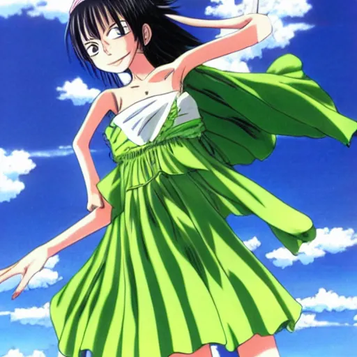 Prompt: anime, girl, green dress, flying, one piece, by eiichiro oda