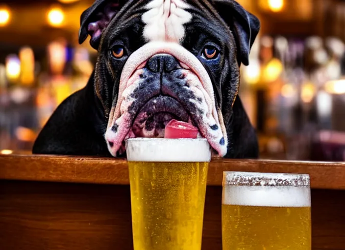 Image similar to a closeup, 4 5 mm, detailed photograph of a english bulldog drinking a beer on a bar - stool, sitting at a bar on a bar - stool, beautiful low light, 4 5 mm, by franz lanting