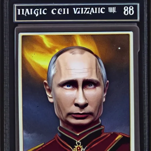 Image similar to a magic the gathering card, depicting vladimir putin as a wizzard, 8 k