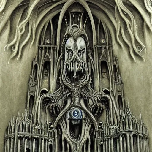 Prompt: monstrous and twisted cathedral with an altar that has a statue to many eyed veiny and four armed cthulhu, tentacles twisting in lotus position. in the style of hr giger and zdzisław beksinski gloom misty glow oil painting biomechanical