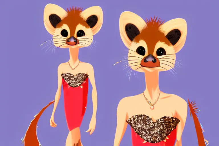 Prompt: detailed flat 2 d : female marten character : wearing jewelry : wearing a showgirl sequins feathers dress : head legs : lorax movie : artstation