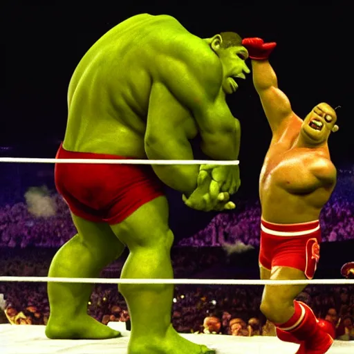 Image similar to shrek and John cena tag team fight vs andre the giant and hulk hogan at wrestlemania 8, dramatic lighting ,