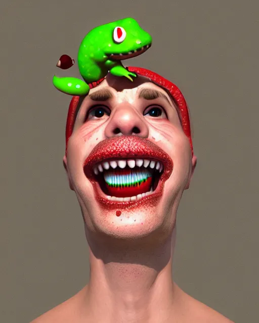 Prompt: hyperrealistic anthropomorphic cartoon 3 d unreal engine red and white polka dot venus fly trap thick lips wet tongue eating photorealistic italian plumber photography portrait