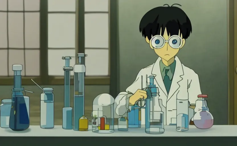 Prompt: a very dull interior shot still from ponyo ( 2 0 0 8 ) of a young skinny scientist alone in his lab. close up on the faces, perfect art, grimdark, trending on pixiv fanbox, painted by studio ghibli