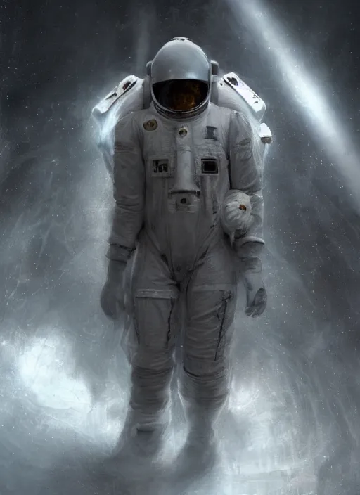 Image similar to concept art by craig mullins infrared complex and hyperdetailed technical astronaut suit in futuristic dark and empty spaceship underwater. reflection and dispersion materials. rays and dispersion of light. volumetric light. 5 0 mm, f / 3 2. noise film photo. flash photography. unreal engine 4, octane render. interstellar movie art