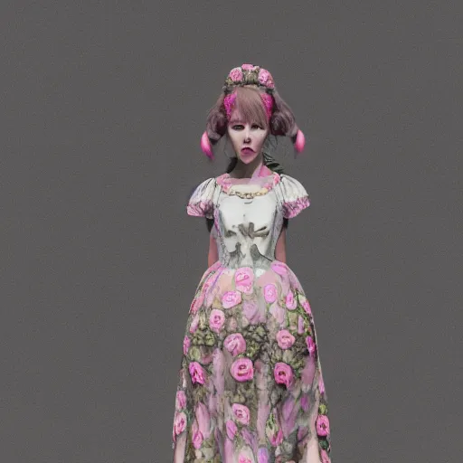 Image similar to 8 k, octane render, realism, tonalism, renaissance, rococo, baroque, cotton candy, portrait of a creepy young lady wearing long - harajuku manga flowers and skulls dress