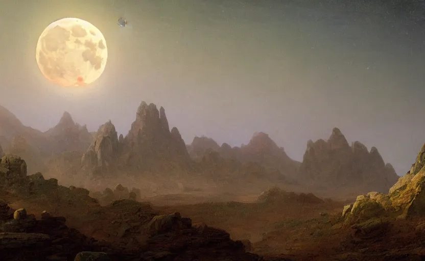 Prompt: moon landscape, close up shot, rocky, at dusk, distant mountains, 4k, rule of thirds, extreme detail, hazy, intricate ink illustration, surreal, surrealist, trending on artstation, cgsociety, hd, calm, complimentary colours, realistic lighting, by Albert Bierstadt, Frederic Edwin Church.