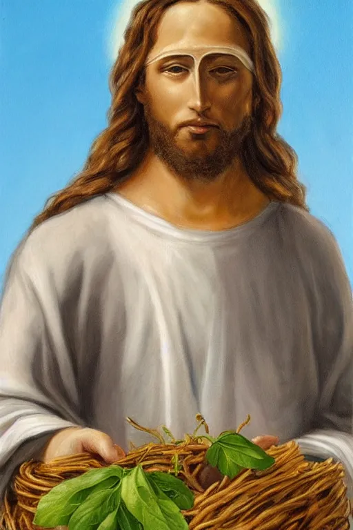 Image similar to painting of jesus christ with blindfold!!!!!! holding cornucopia!!!!!!