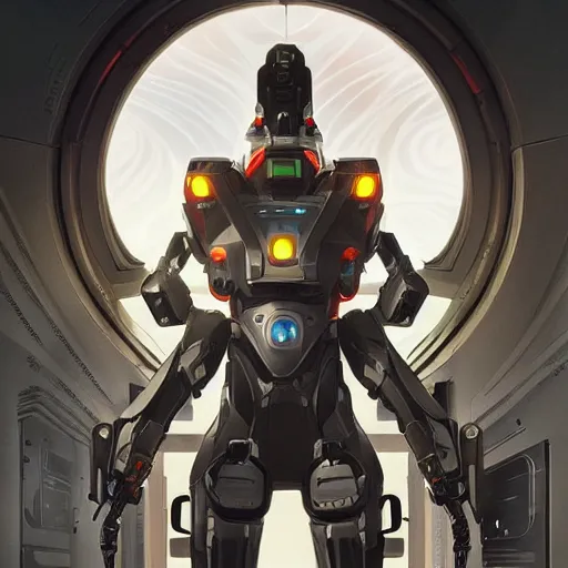 Image similar to symmetry! futuristic robot, mech armed and dangerous, apex legends, epic lighting, epic pose, illustration, highly detailed, art by artgerm and greg rutkowski and alphonse mucha