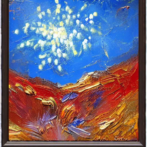 Prompt: oil paint impasto relief, austrian blue mountain with fireworks, multi layered thick brush marks, some splattered paint, in the style of van gogh and redon