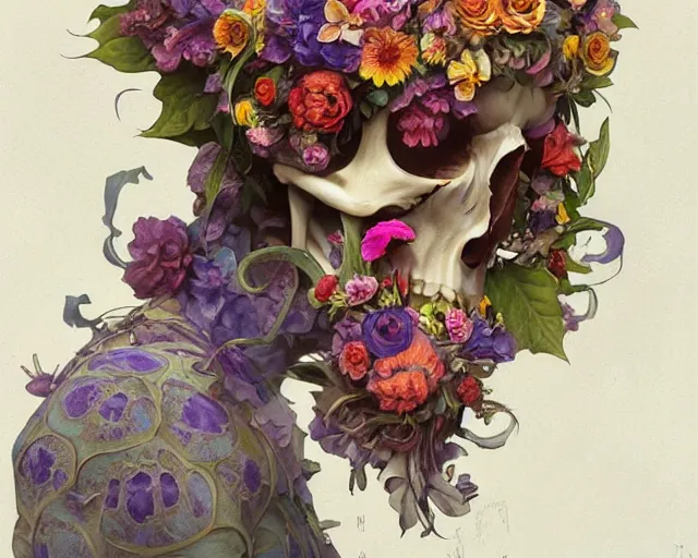 Prompt: a skull made from a beautiful assortment of colorful flowers growing out of the eye holes and nostril holes, art nouveau, artstation, cgsociety, art by artgerm and greg rutkowski and alphonse mucha, optical illusion