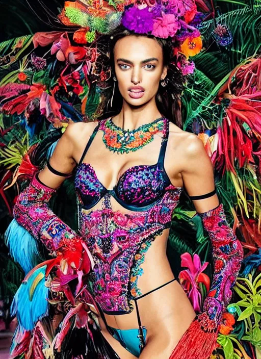 Prompt: beautiful RUNWAY portrait of Irina Shayk wearing fantastic bra and dress in VICTORIA'S SECRET fashion show,embellished beaded feather decorative fringe knots ,colorful pigtail,subtropical flowers and plants,symmetrical face,intricate,elegant,highly detailed,8k,post-processing,digital painting,trending on pinterest,harper's bazaar,concept art, sharp focus, illustration, by artgerm,Tom Bagshaw,Lawrence Alma-Tadema,greg rutkowski