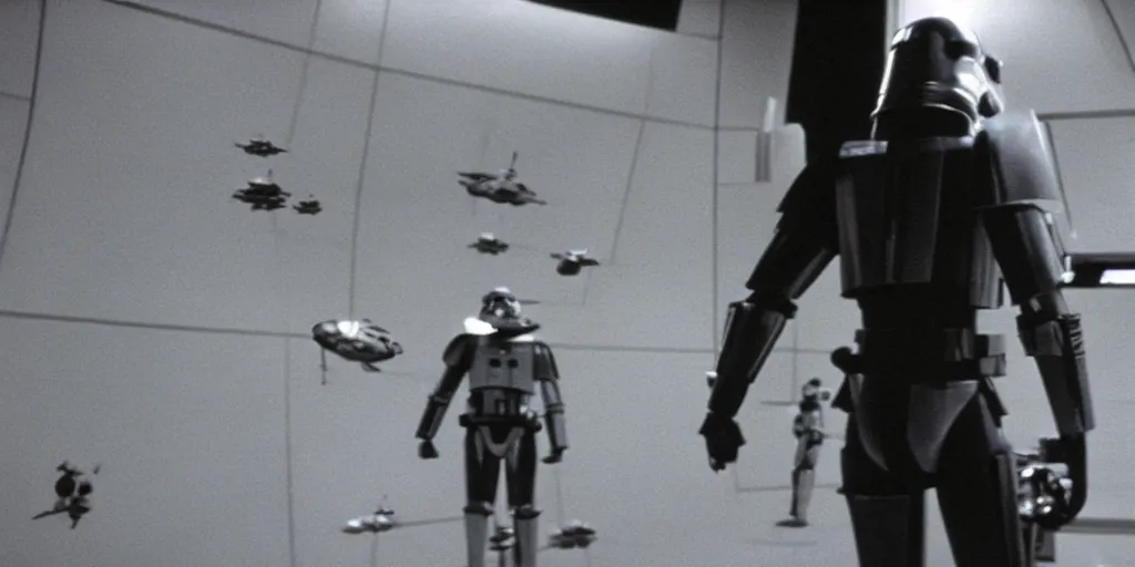 Image similar to a still from a film of a naval officer standing, back turned, in front of a large window with a live action Star Wars space battle, 35mm, directed by George Lucas, miniatures, ILM