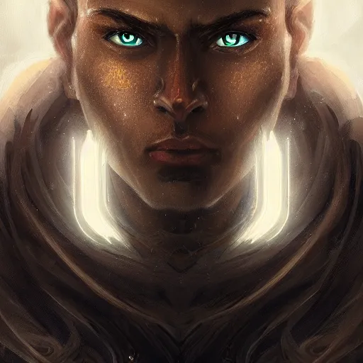 Image similar to a stunning portrait of a noble male human fantasy warrior, with glowing eyes, face, intricate, elegant, highly detailed, digital painting, artstation, concept art, smooth, sharp focus