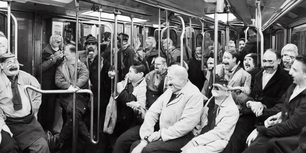 Prompt: a large stream of people in a subway car, there is a middle-aged man with a Hussar moustache, two people are standing to his right and laughing loudly