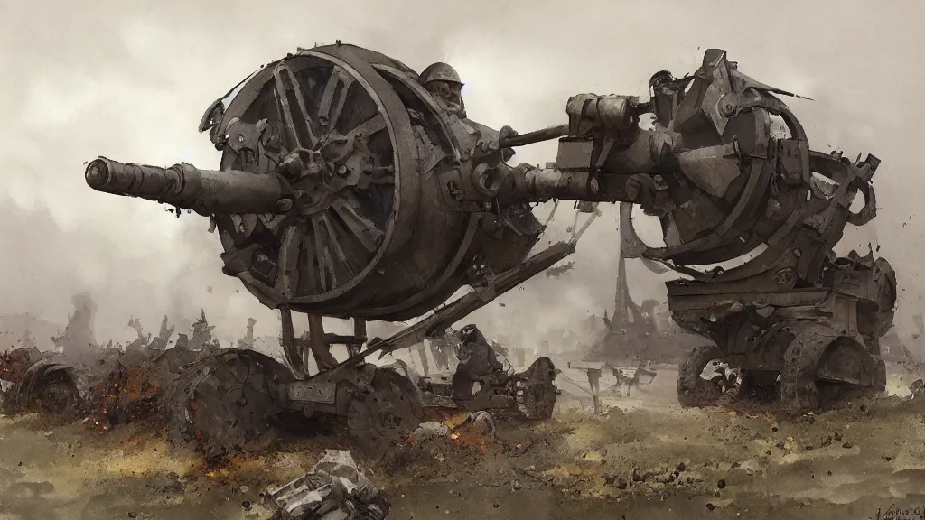 Prompt: big bertha artillery howitzer from world war i, watercolored, jakub rozalski, dark colours, dieselpunk, artstation