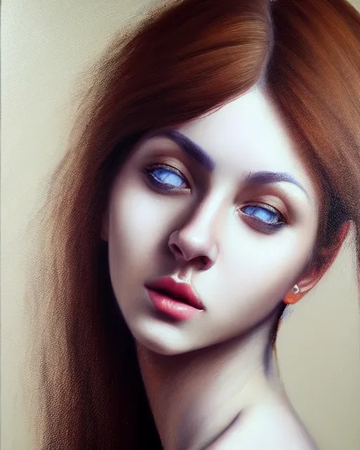 Image similar to portrait of a beautiful woman, enigmatic beauty, head in focus, intricate, elegant, highly detailed, hyperrealistic painting, concept art, painterly, sharp focus, art by ive freya