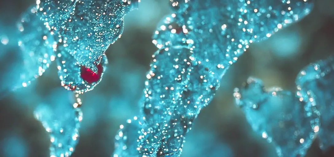 Image similar to “ a world of light blue dew drops, red reflections of screaming people, dramatic backlit lighting, incredible reflections, macro bokeh ”