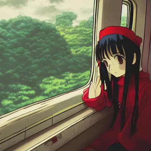 Image similar to girl look at train window, rainy day, anime, japan, ghibli, 9 0 s, retro style, aesthetic, chill, room
