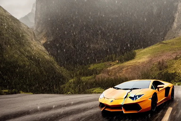 Image similar to a cinematic photograph of a lamborghini aventador driving through a vast mountainous landscape whilst lightening strikes on the mountains, rain falls, ultra realistic, high definition