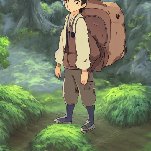 Image similar to friendly guy and small creature , with Fragile looking character portrait face made in Studio Ghibli artstyle ,highly detailed art, beautiful scene, sharp focus, smooth, 8k, anime art, fantasy, style in ghibli anime style, fantasy, island, forest with animals 8k