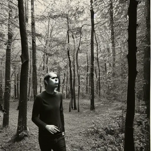 Prompt: Thom Yorke singer songwriter walking in a forest, a photo by Colin Greenwood, ultrafine detail, chiaroscuro, private press, associated press photo, angelic photograph, masterpiece