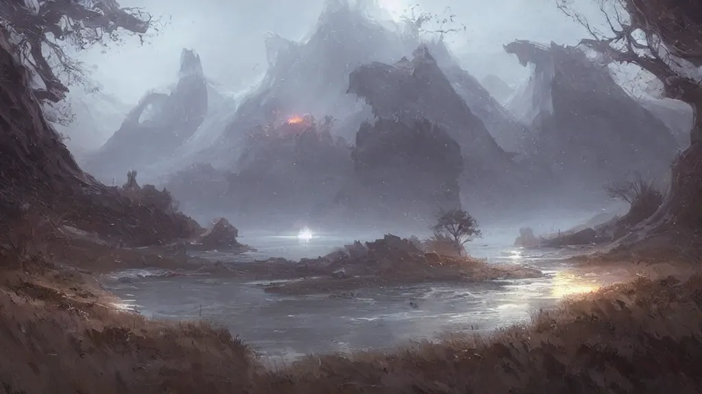 Image similar to A mysterious landscape, art by greg rutkowski