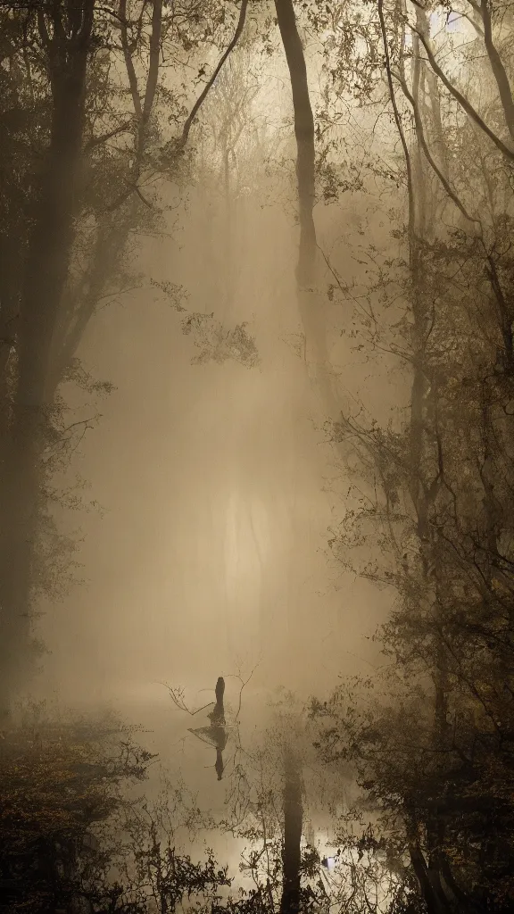 Image similar to photo of a mystical figure in golden robes sneaking through a swamp in the fog, cinematic lighting, highly detailed, horror