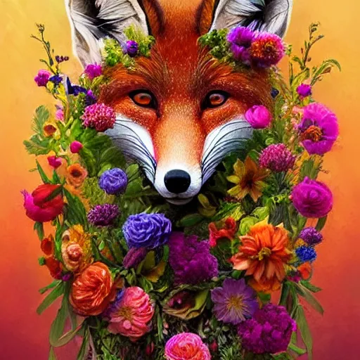 Image similar to made of flowers, made of flowers, made of flowers, portrait of a fox made of flowers, fantasy art, trending on artstation, beautiful art, intricate, elegant, highly detailed, digital painting