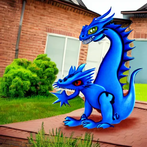 Image similar to children's cartoon of a blue dragon sitting on top of a suburban home