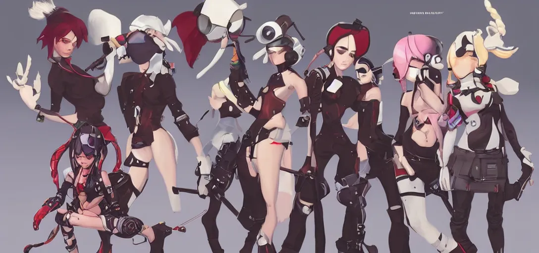 Prompt: concept art of female video game characters head designs, punk, disgaea, flcl, overwatch, by marc brunet and artgerm