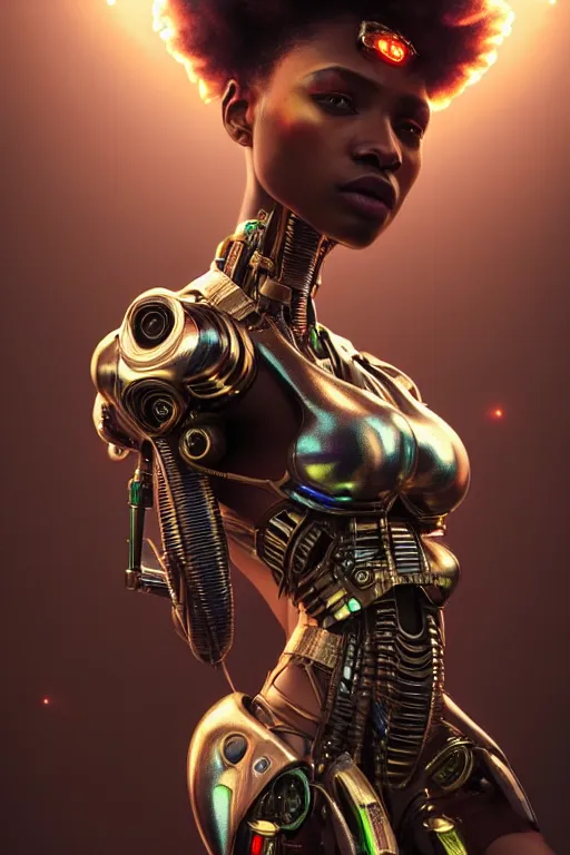 Image similar to ultra realistic, beautiful female african cyborg in a crowded smoky cyberpunk club in space megalopolis, sci - fi, intricate details, eerie, highly detailed, octane render, 8 k, art by artgerm and alphonse mucha and greg rutkowski