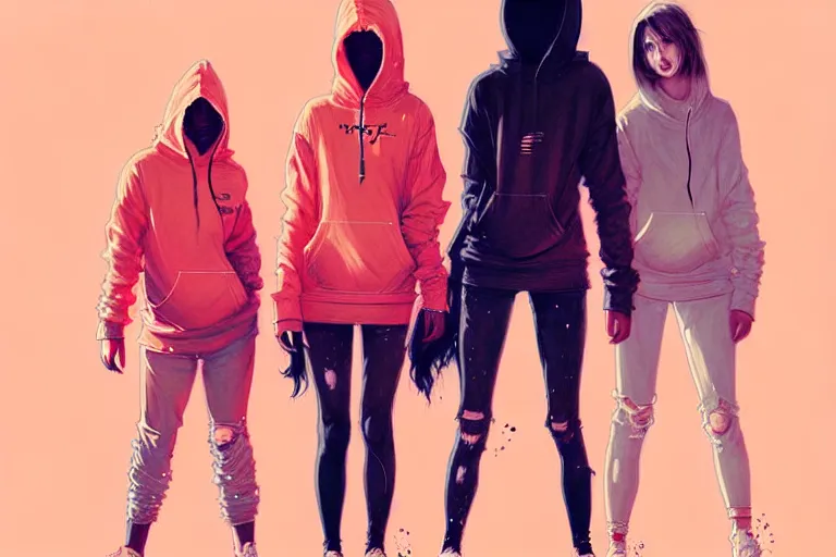 Image similar to a ultradetailed painting of three women in a oversized hoodie and sneakers by conrad roset, greg rutkowski and makoto shinkai trending on artstation