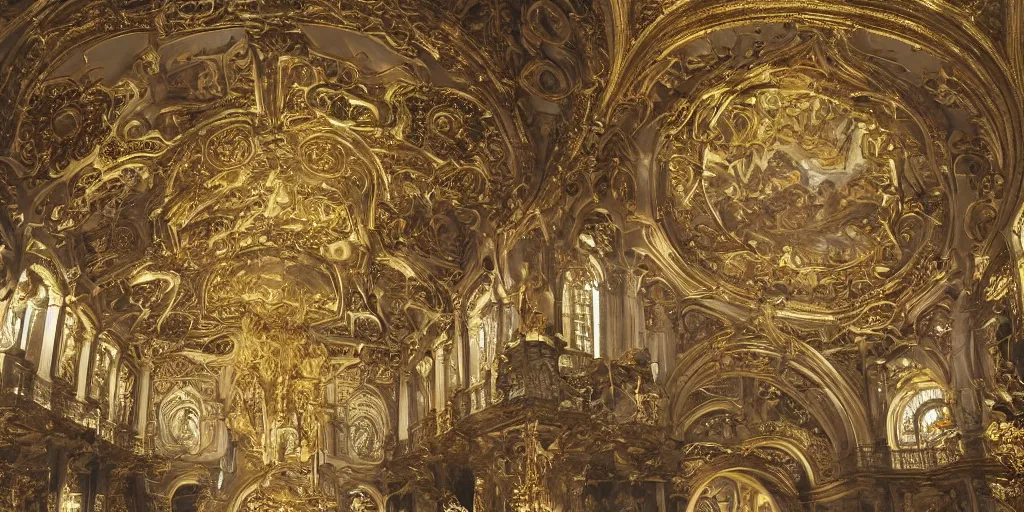 Image similar to beautiful ornate heavenly marble and gold rococo megastructure in the style of heironymus bosch, extremely intricate masterpiece, hyper detailed, realistic heavenly lighting, hd