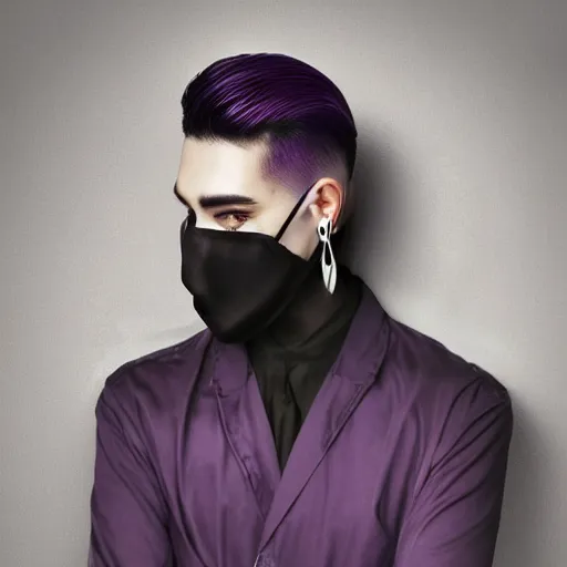 Image similar to professional digital art of a stylish young adult man with short dyed hair, a black face mask, earrings, and dark long-sleeved clothes, high quality, HD, 8K, highly detailed, award-winning, dark purple clouds