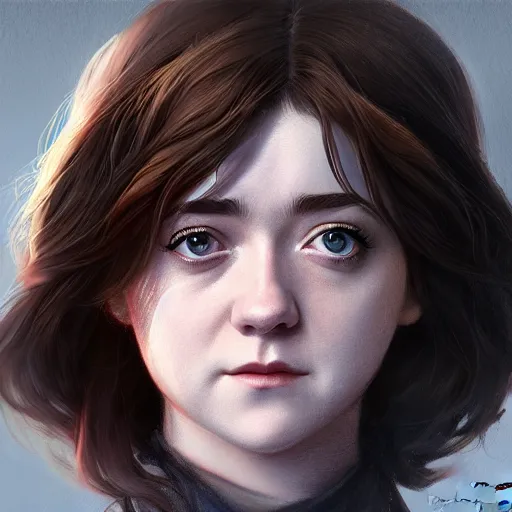 Image similar to realistic detailed semi-realism beautiful gorgeous natural cute excited happy Maisie Williams 4K high resolution quality artstyle professional artists WLOP, Aztodio, Taejune Kim, Guweiz, Pixiv, Instagram, Artstation