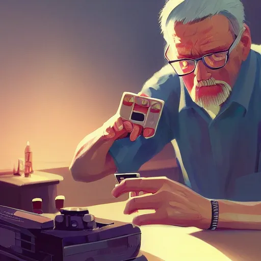 Image similar to An old man playing video games, holding a controller. By ilya kuvshinov, krenz cushart, Greg Rutkowski, trending on artstation. Sharp highlights, amazing textured brush strokes, accurate shape, cinematic soft, 8k, VFX, HDR, dramatic lighting, psychedelic colouring