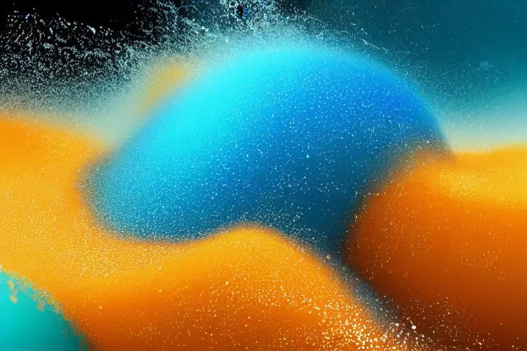 Prompt: big wave of water particles, light blue, yellow orange, and light brown colors, white foam, complex curl noise, vortex, simulation, reflection, featured on behance, uhd image, media art, motion graphic, particles, fluids, 3 d, rendering, octane