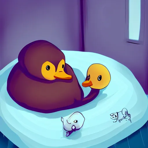 Image similar to cute duck tucked in bed and going to sleep, as a saturday morning cartoon, digital painting, trending on artstation, award winning art, stylized painting