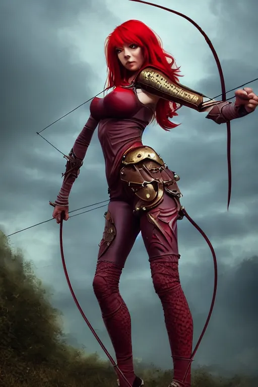 Prompt: Female archer, dnd, d&d, leggins, red skintight leather armor, red hair, visible face!, beautiful face!, alluring, D-cup, toned derriere, high fantasy, realistic, extremely detailed, matte painting, by wlop and Frank Franzzeta, artstation, cgsociety